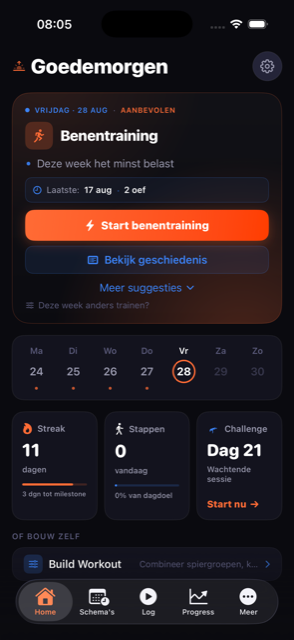 HybridSport Dashboard met de Coach-aanbeveling 'Benentraining — deze week het minst belast'