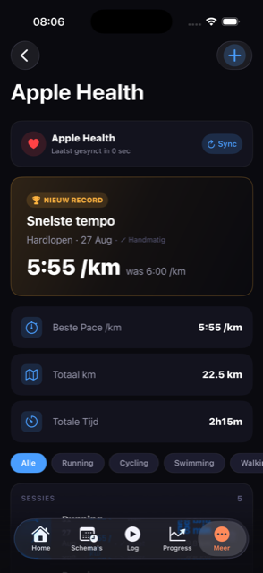 Cardio-overzicht met record-melding en sessielijst, gekoppeld aan Apple Health