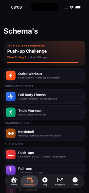 Programs-tab met Quick Workout, Full Body Fitness, Thuis Workout, Kettlebell en challenges